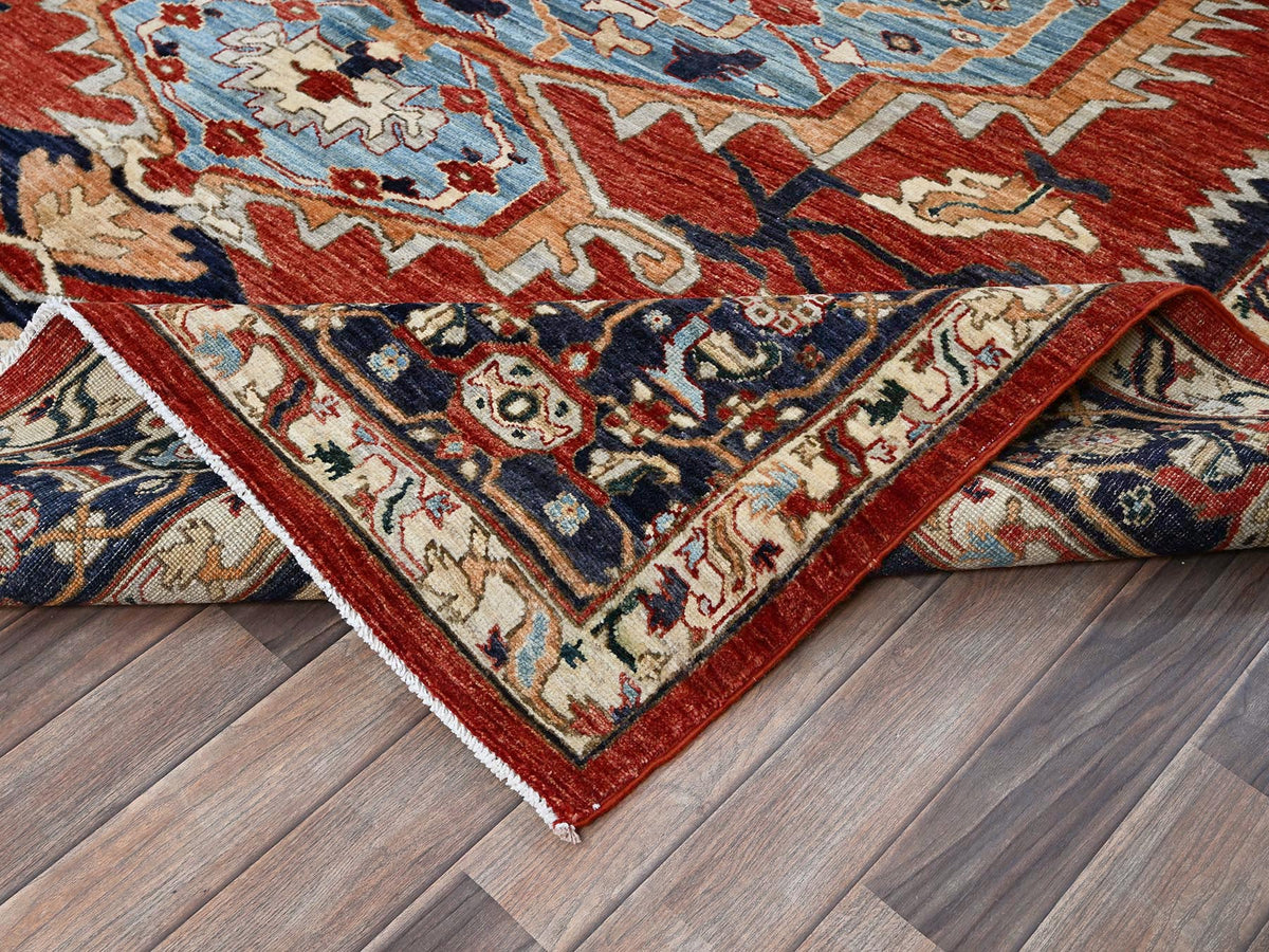 Heriz Oushak hand-knotted wool rug in Red & Midnight Blue, 8'1" x 9'8" — SKU O0903 (view 6)
