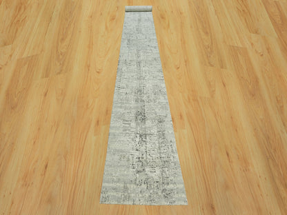 Grey 2'6" x 20'0" Modern / Contemporary Hand knotted Wool Rug - Sku: O090419