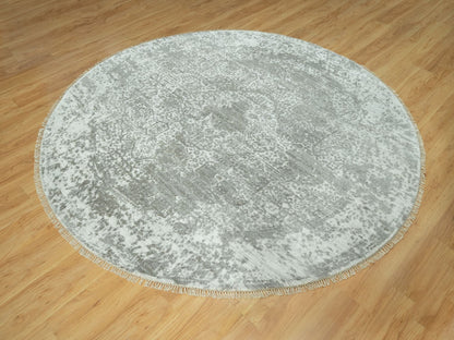 Grey 7'10" x 7'10" Transitional Hand knotted Wool/Silk Rug - Sku: O090447