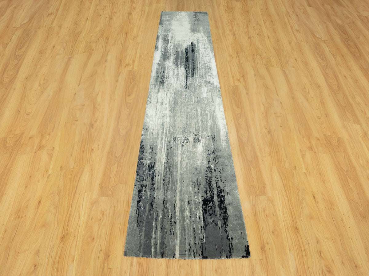 Modern / Contemporary hand-knotted wool/silk runner in Black, 2'6" x 11'11", SKU O090463