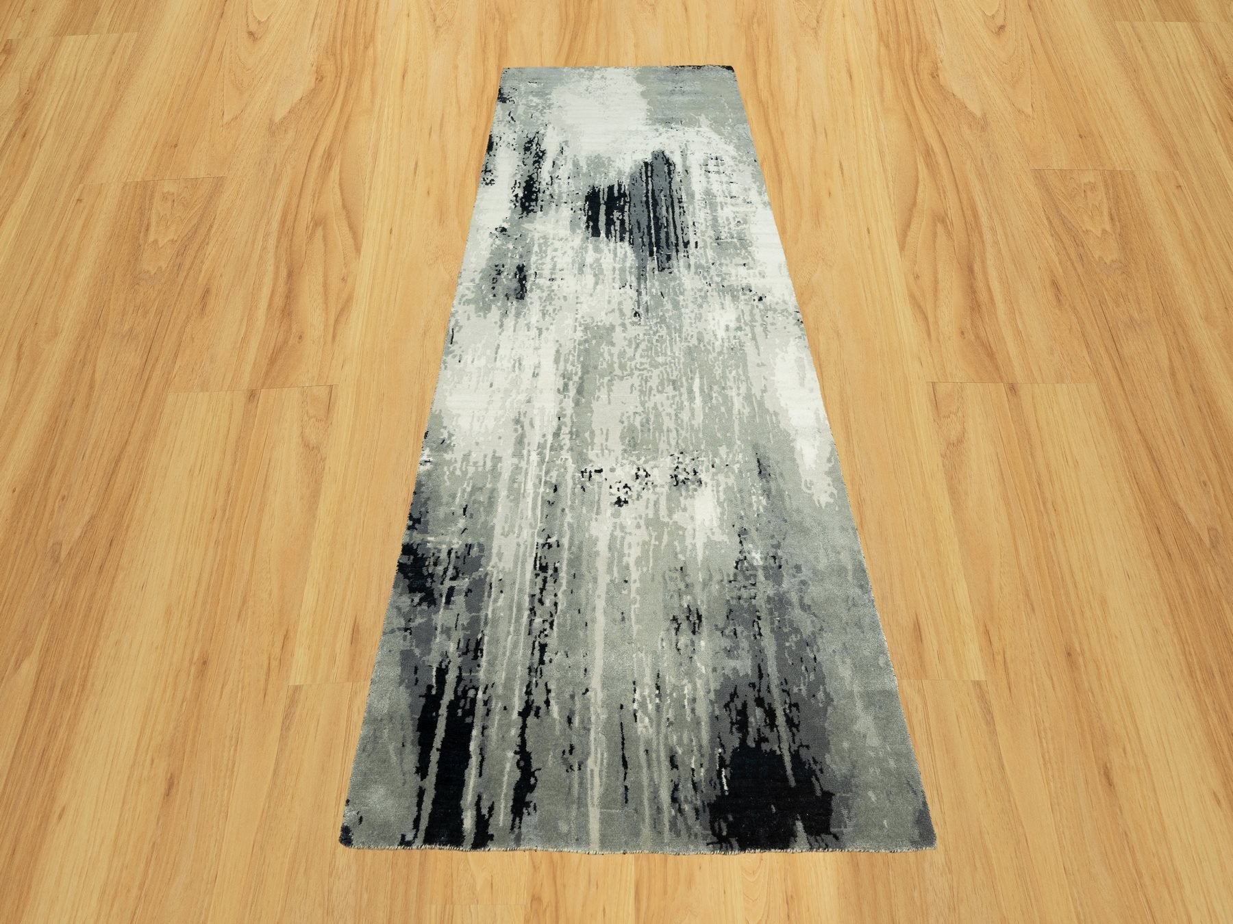 Modern / Contemporary hand-knotted wool/silk runner in Black, 4'2" x 12'0", SKU O090474