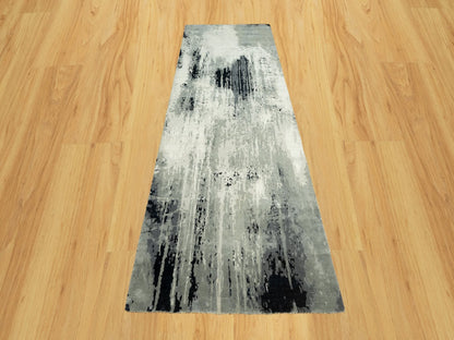 Modern / Contemporary hand-knotted wool/silk runner in Black, 4'2" x 12'0", SKU O090474