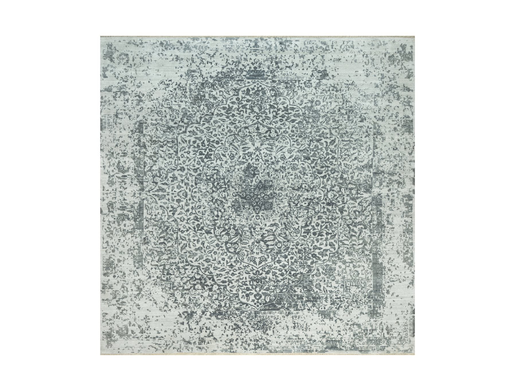 Transitional hand-knotted wool/silk rug in Gray, 13'9" x 13'10", SKU O090477