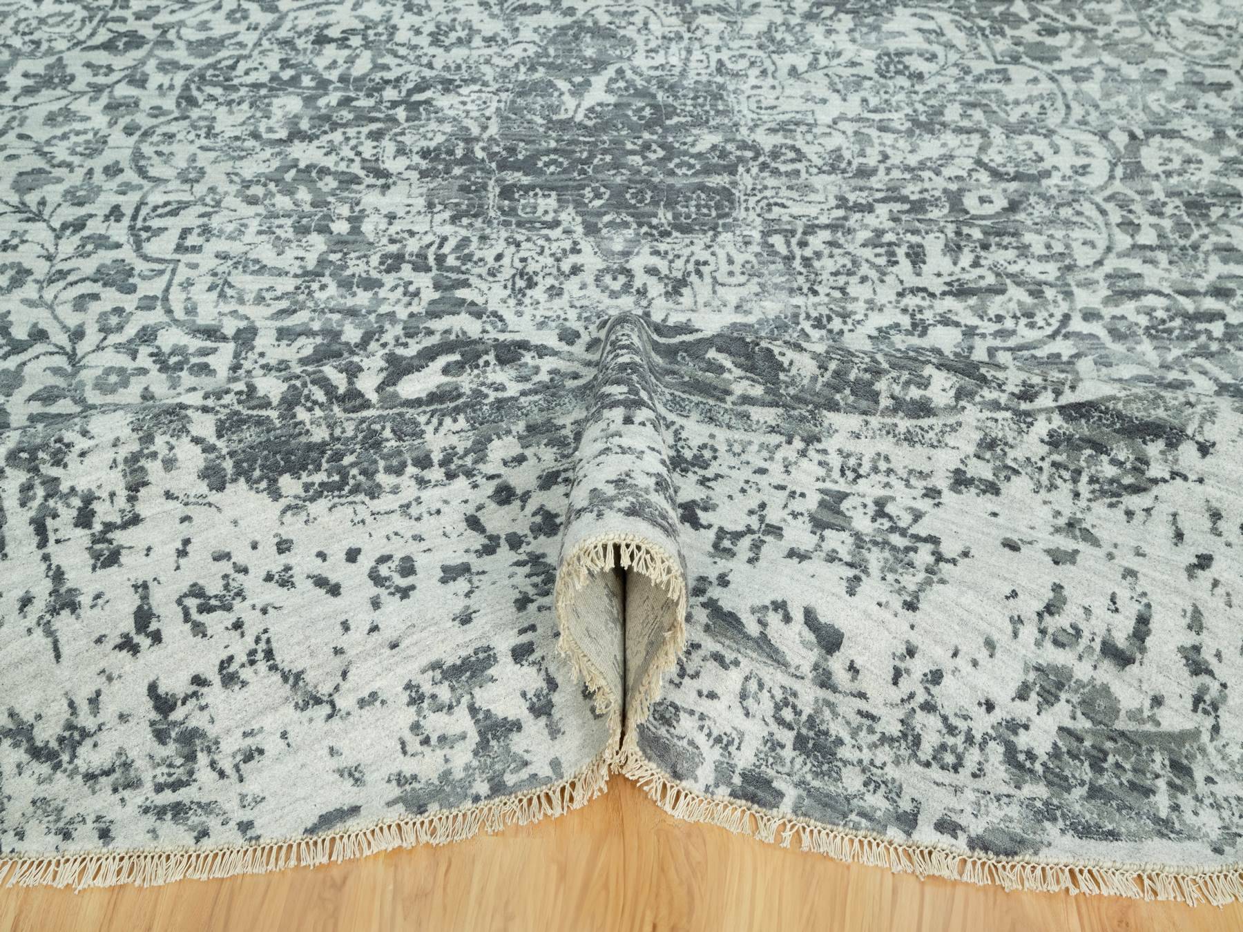 Transitional hand-knotted wool/silk rug in Gray, 13'10" x 13'10", SKU O090480