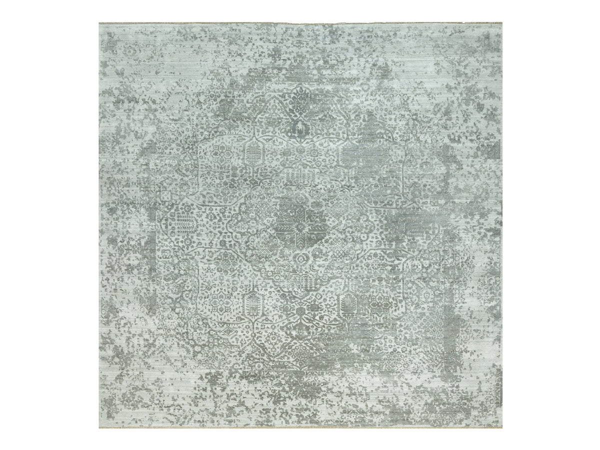 Transitional hand-knotted wool/silk rug in Gray, 14'0" x 13'11", SKU O090484