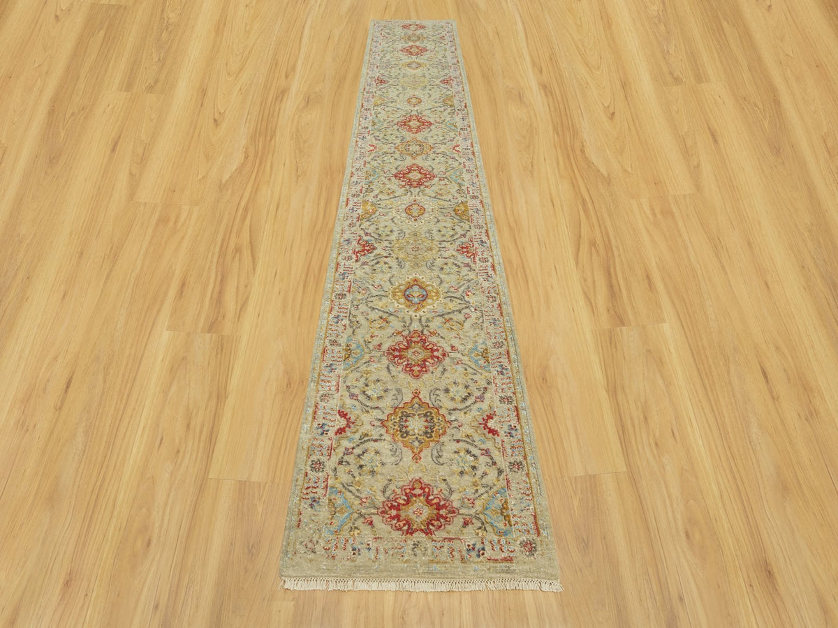 Transitional hand-knotted wool/silk runner in Beige, 2'9" x 15'10", SKU O090528