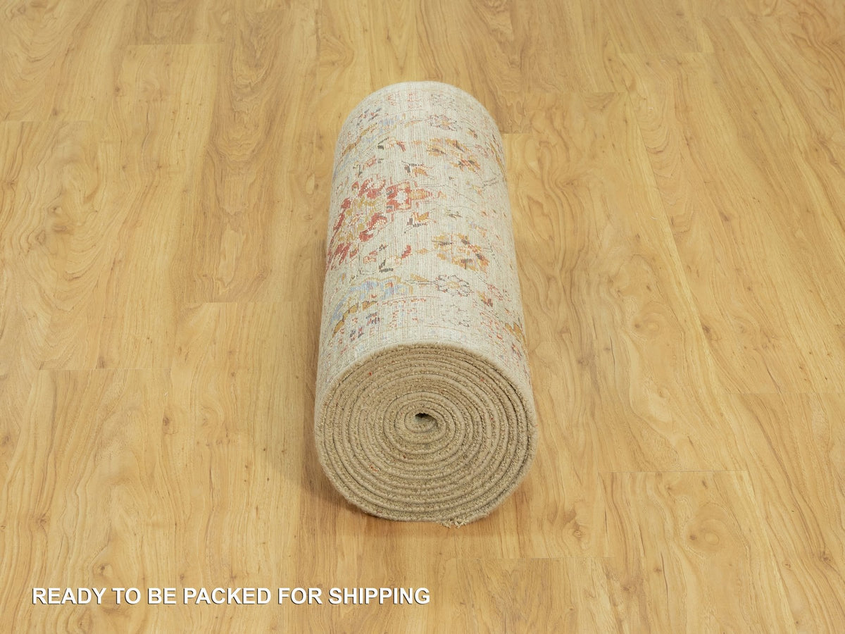 Transitional hand-knotted wool/silk runner in Beige, 2'9" x 18'0", SKU O090530