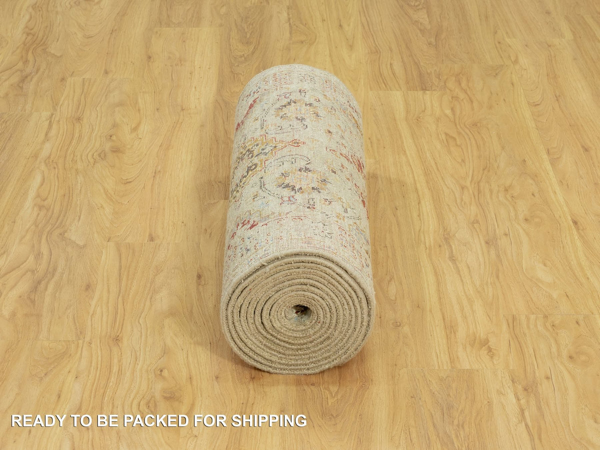 Transitional hand-knotted wool/silk runner in Beige, 2'8" x 15'10", SKU O090531