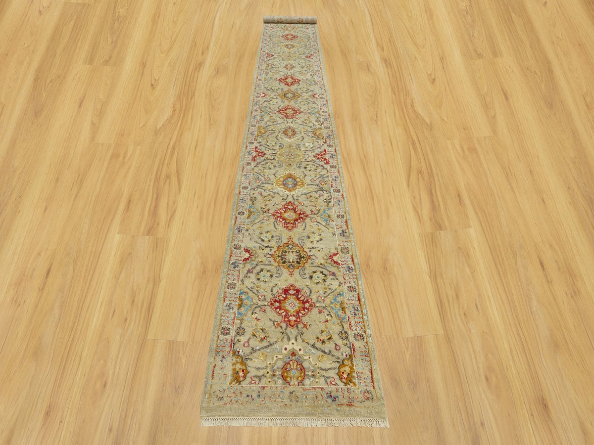 Transitional hand-knotted wool/silk runner in Beige, 2'9" x 17'11", SKU O090532