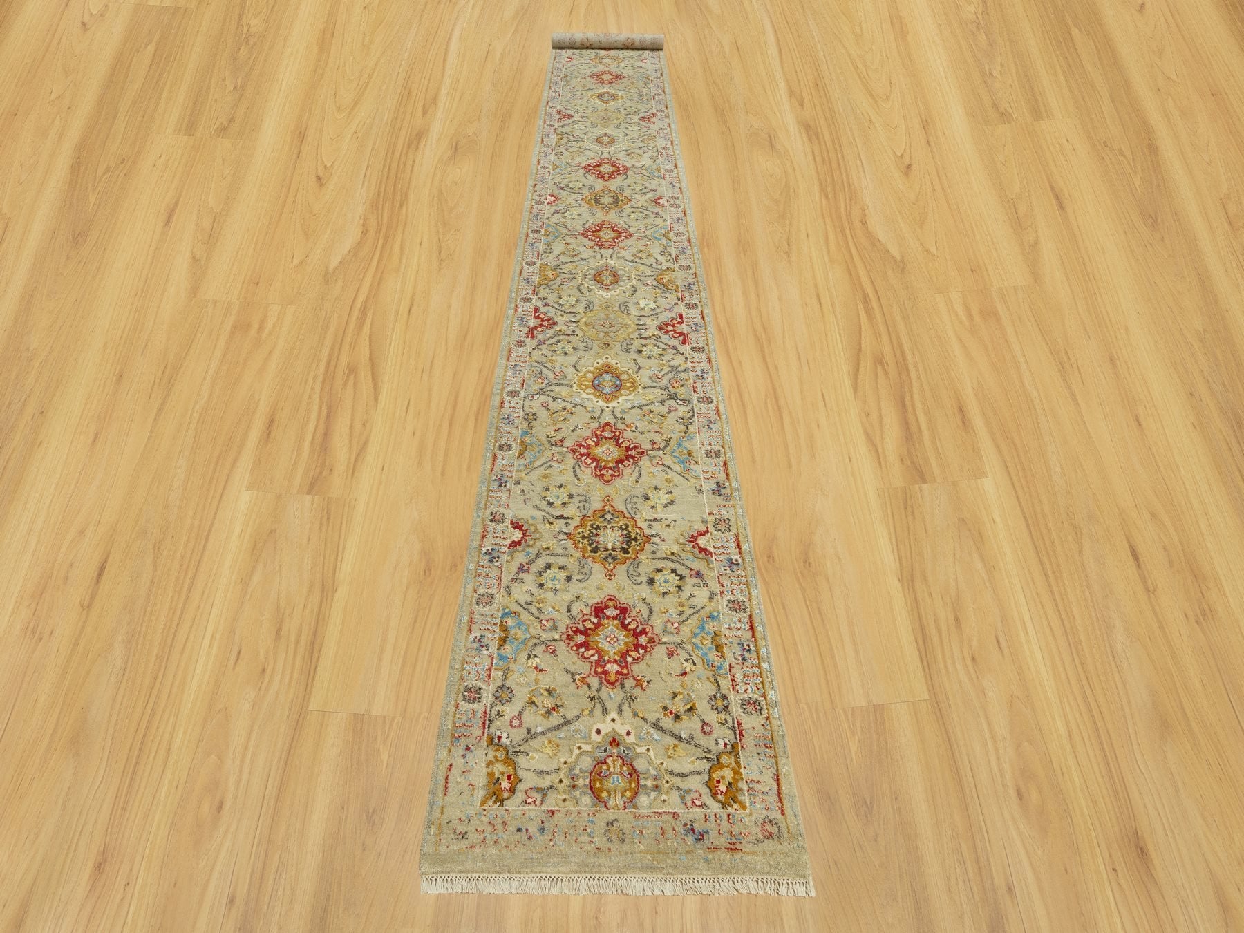 Transitional hand-knotted wool/silk runner in Beige, 2'9" x 17'11", SKU O090532