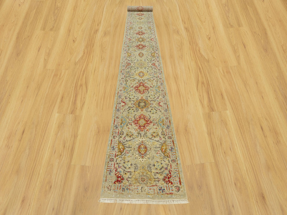 Transitional hand-knotted wool/silk runner in Beige, 2'7" x 19'10", SKU O090533