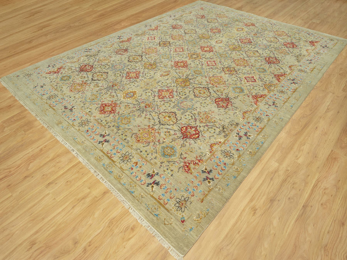 Transitional hand-knotted wool/silk rug in Beige, 10'3" x 13'10", SKU O090535