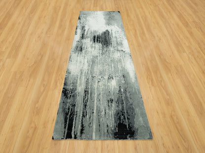 Modern / Contemporary hand-knotted wool/silk runner in Black, 4'0" x 10'0", SKU O090547