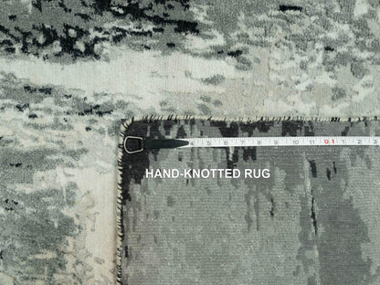 Modern / Contemporary hand-knotted wool/silk runner in Black, 4'0" x 10'0", SKU O090547