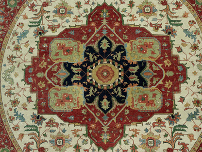 Ivory 14'0" x 14'0" Heriz Hand knotted Wool Rug - Sku: O090661