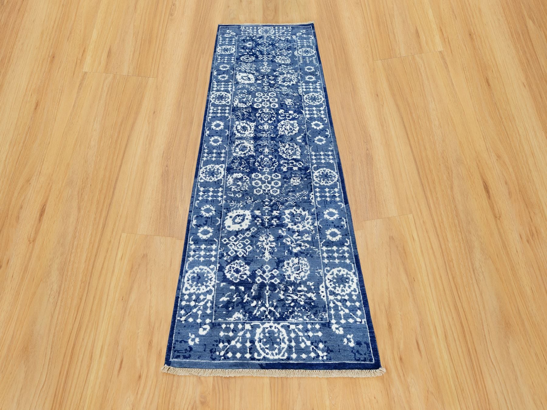 Tabriz Transitional hand-knotted wool/silk runner in Blue, 2'6" x 8'0", SKU O090666