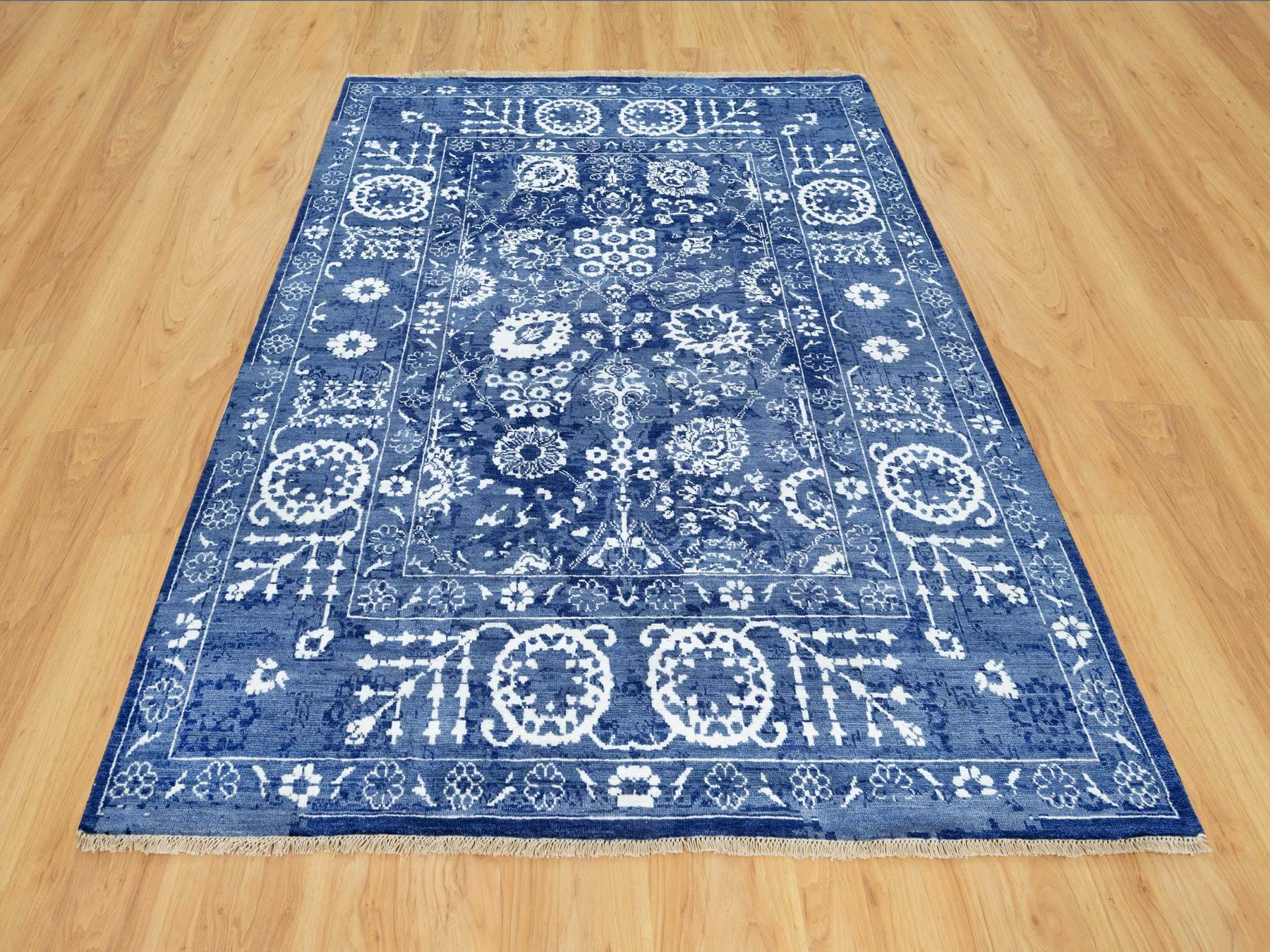 Tabriz Transitional hand-knotted wool/silk rug in Blue, 5'1" x 6'10", SKU O090673