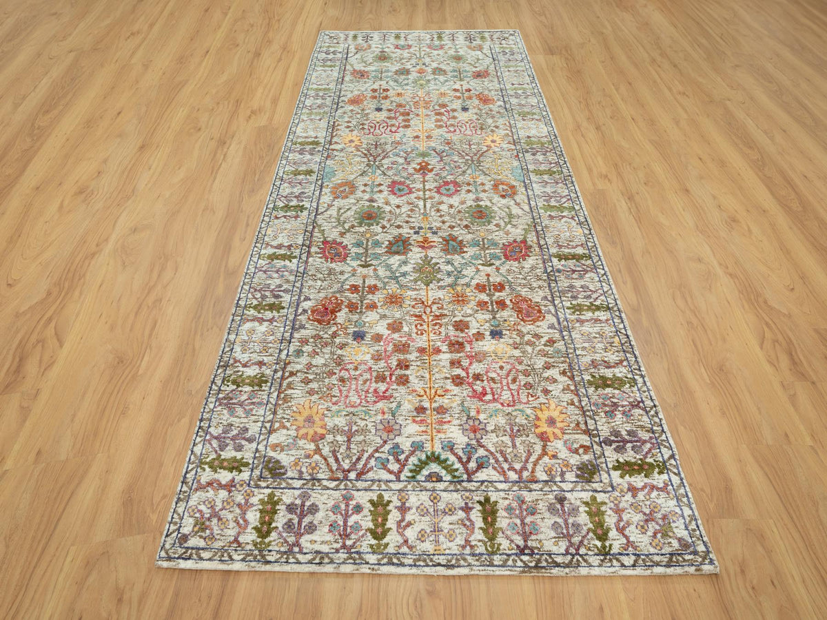 Transitional hand-knotted wool/silk runner in Beige, 4'2" x 9'11", SKU O090675