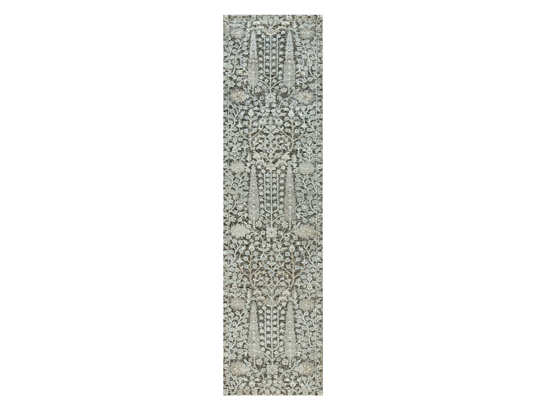 Brown 2'6" x 10'0" Transitional Hand knotted Wool/Silk Rug - Sku: O090680