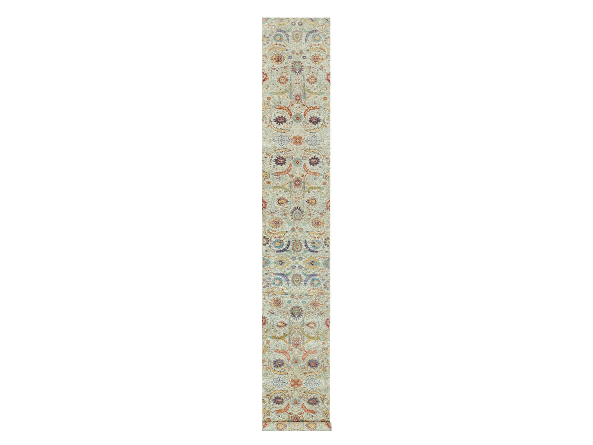 Transitional hand-knotted wool/silk runner in Ivory, 2'7" x 17'11", SKU O090681
