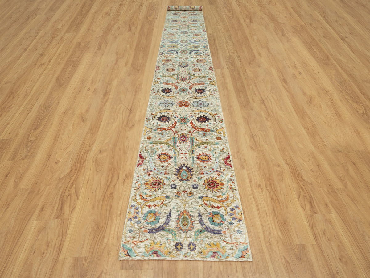 Transitional hand-knotted wool/silk runner in Ivory, 2'7" x 17'11", SKU O090681