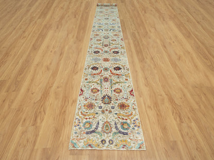 Ivory 2'7" x 17'11" Transitional Hand knotted Wool/Silk Rug - Sku: O090681
