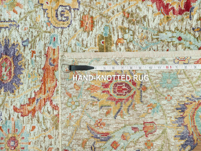 Ivory 2'7" x 17'11" Transitional Hand knotted Wool/Silk Rug - Sku: O090681