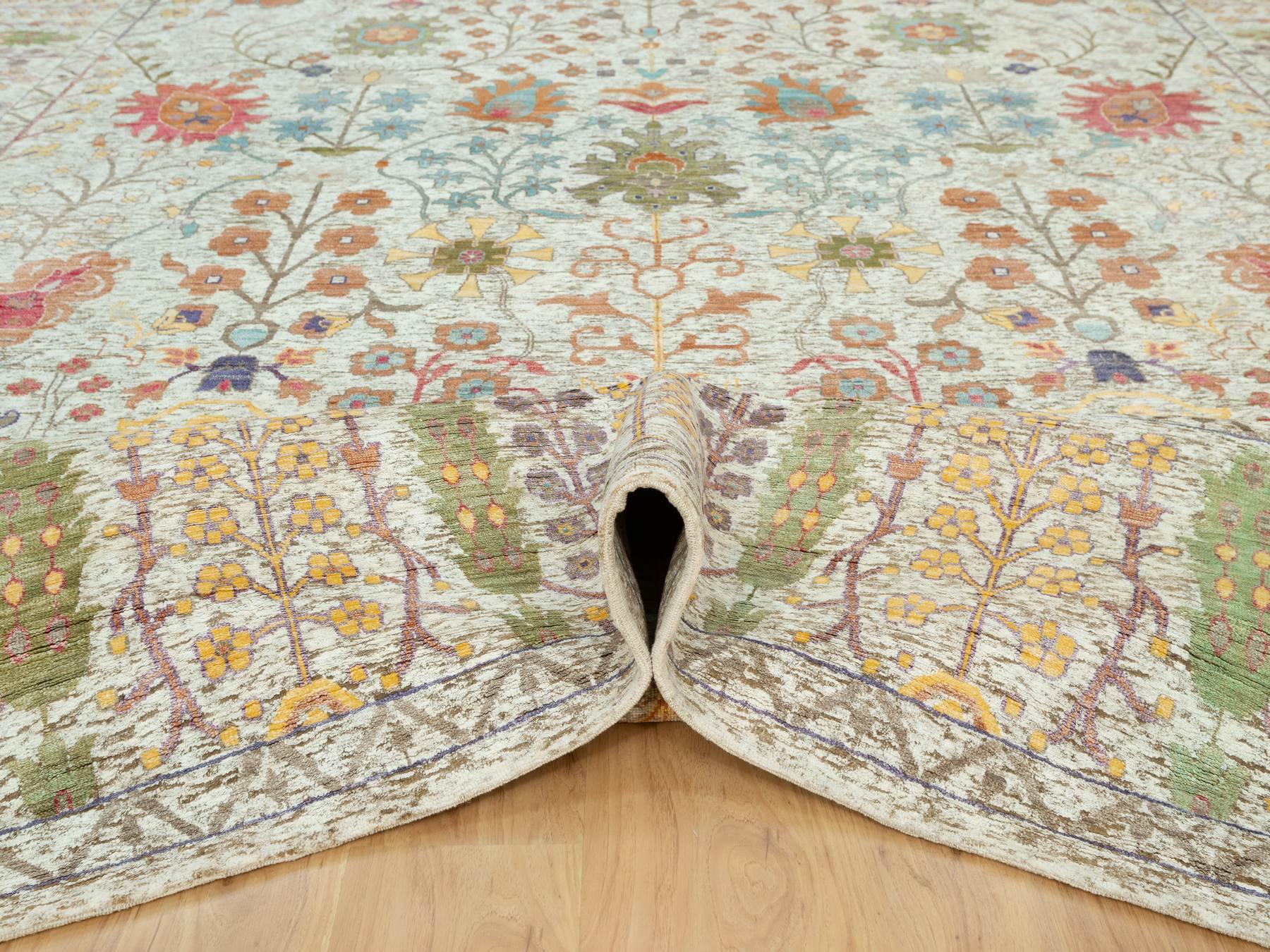 Transitional hand-knotted wool/silk rug in Beige, 11'8" x 15'0", SKU O090687