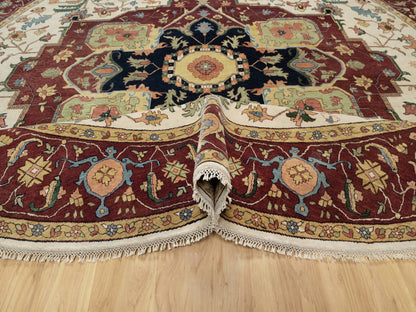 Ivory 12'0" x 12'0" Heriz Hand knotted Wool Rug - Sku: O090739
