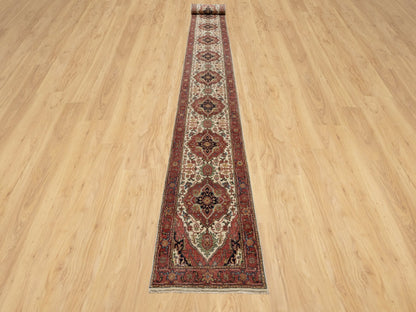 Ivory 2'7" x 21'10" Heriz Hand knotted Wool Rug - Sku: O090752