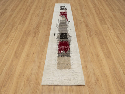 Ivory 2'6" x 11'7" Modern and Contemporary Hand knotted Wool Rug - Sku: O090760