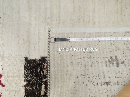 Ivory 2'6" x 11'7" Modern and Contemporary Hand knotted Wool Rug - Sku: O090760