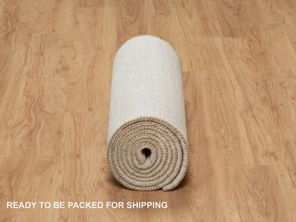 Ivory 2'6" x 11'10" Modern and Contemporary Hand knotted Wool Rug - Sku: O090763