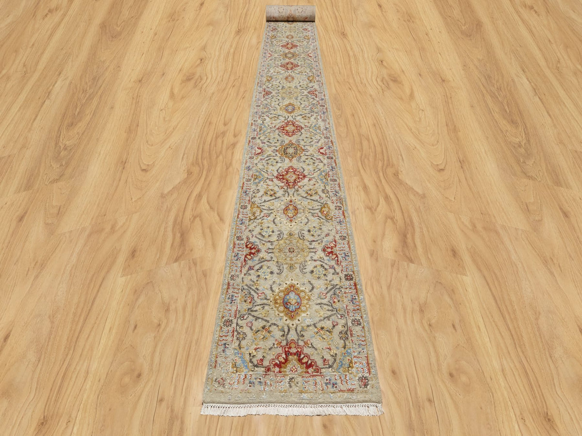 Transitional hand-knotted wool/silk runner in Beige, 6'2" x 24'0", SKU O090809