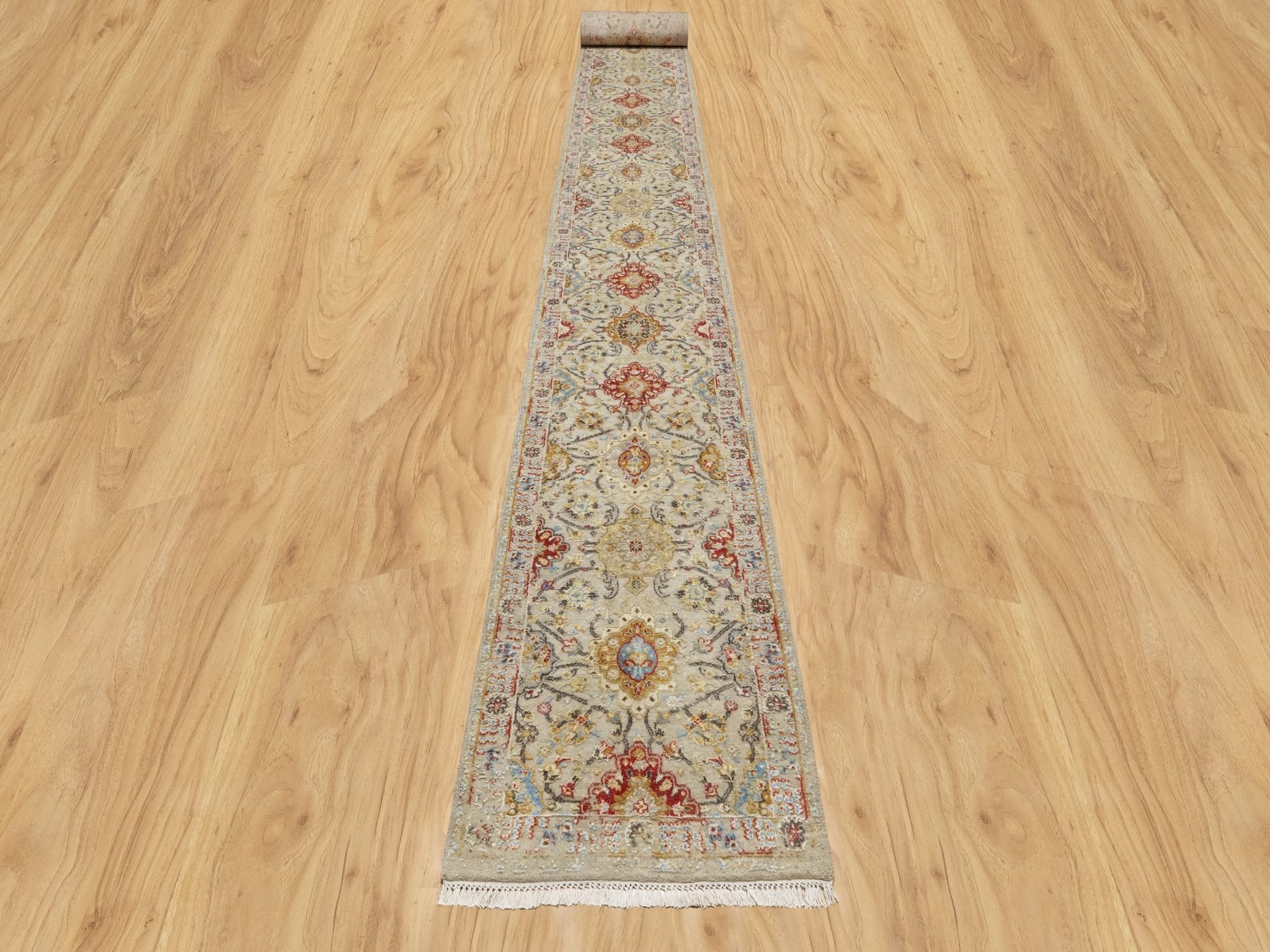 Transitional hand-knotted wool/silk runner in Beige, 6'2" x 24'0", SKU O090809