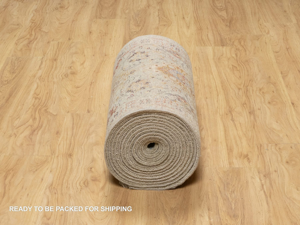 Transitional hand-knotted wool/silk runner in Beige, 6'2" x 24'0", SKU O090809