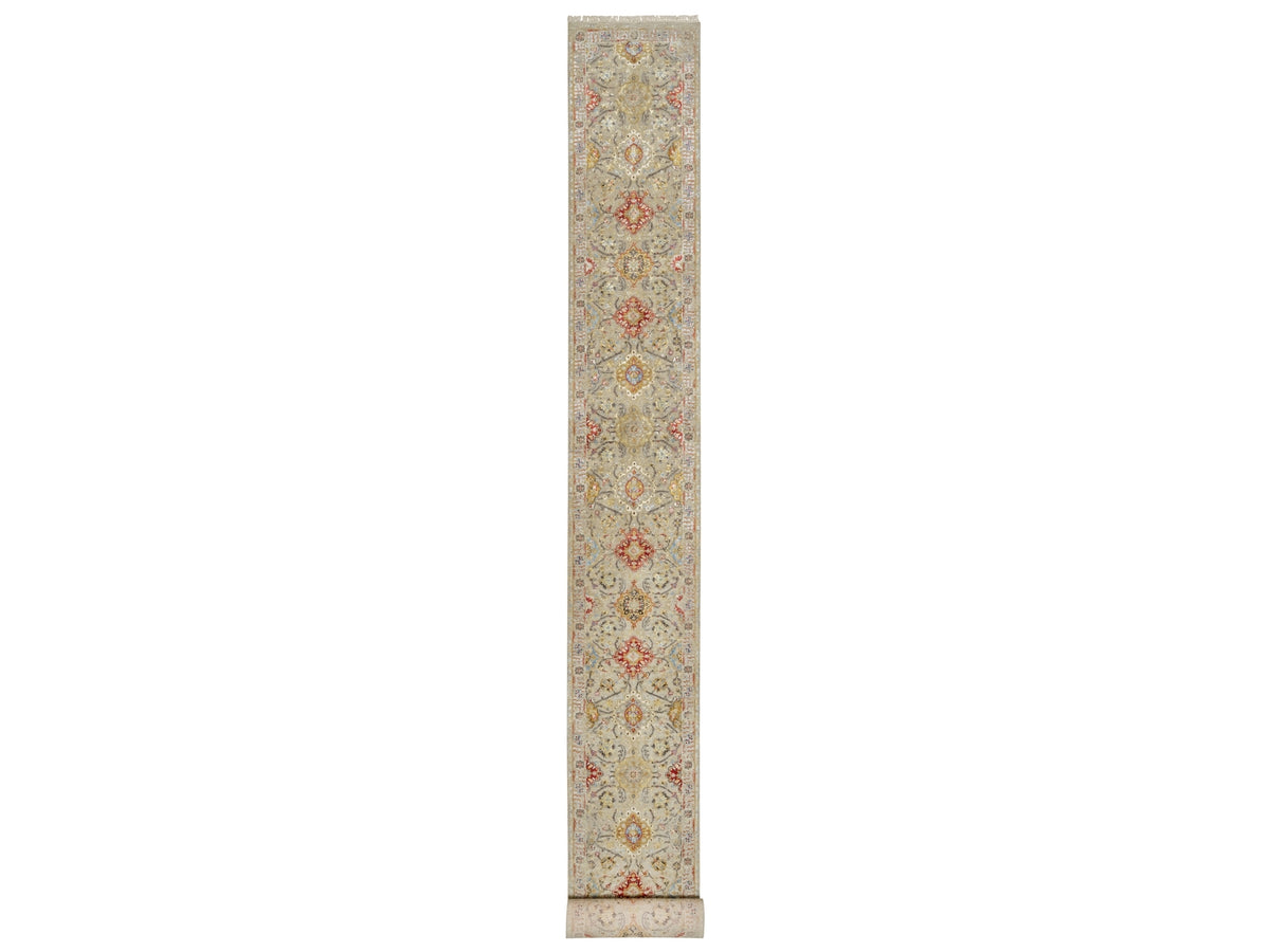 Transitional hand-knotted wool/silk runner in Beige, 2'5" x 22'0", SKU O090814
