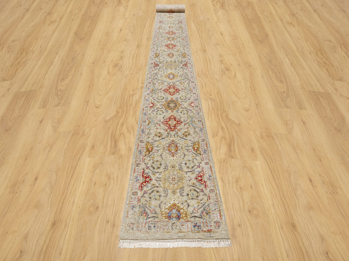 Transitional hand-knotted wool/silk runner in Beige, 2'5" x 22'0", SKU O090814
