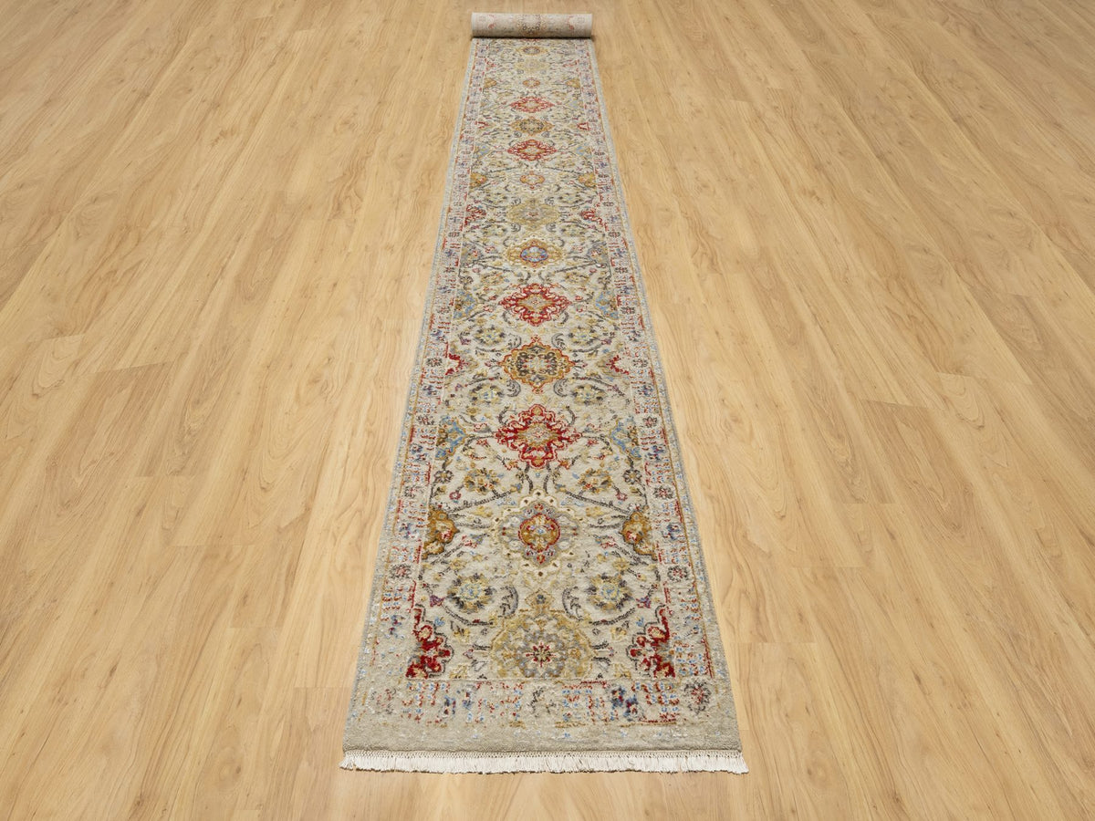 Transitional hand-knotted wool/silk runner in Beige, 2'9" x 20'0", SKU O090816