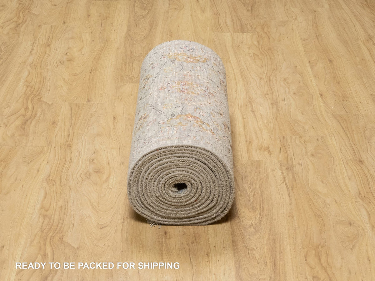 Transitional hand-knotted wool/silk runner in Beige, 2'9" x 20'0", SKU O090816