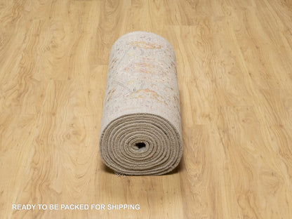 Transitional hand-knotted wool/silk runner in Beige, 2'9" x 20'0", SKU O090816