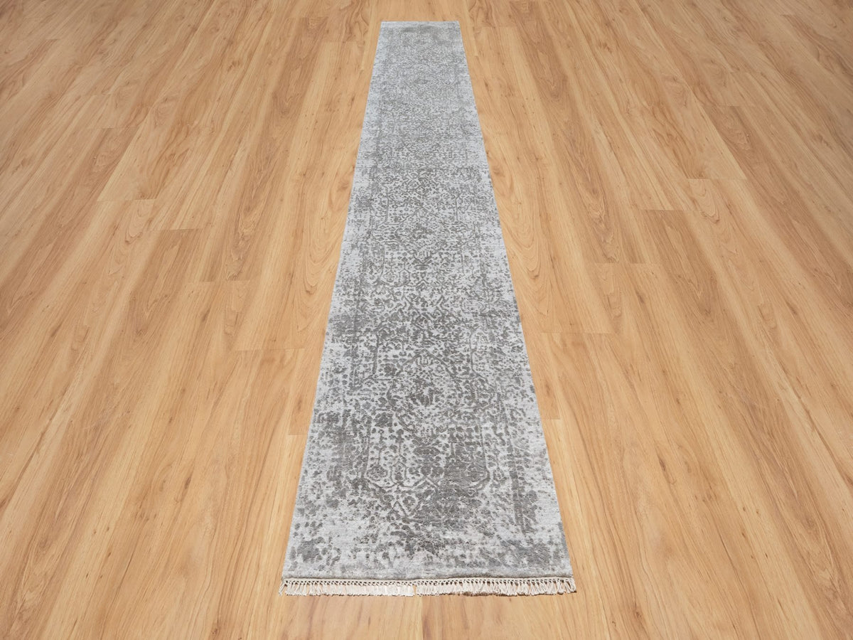 Transitional hand-knotted wool/silk runner in Gray, 2'7" x 16'0", SKU O090817