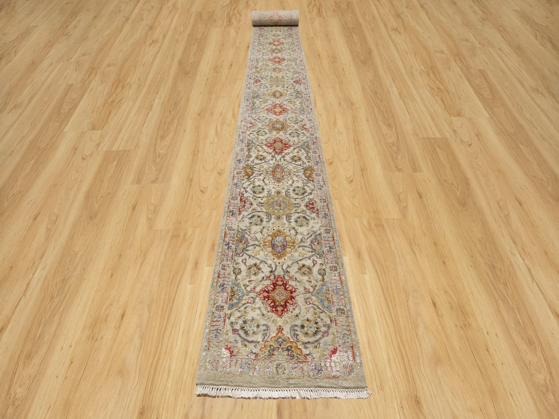 Transitional hand-knotted wool/silk runner in Beige, 2'7" x 26'0", SKU O090818