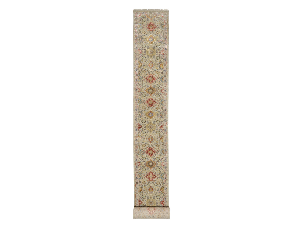 Transitional hand-knotted wool/silk runner in Beige, 2'7" x 26'0", SKU O090823
