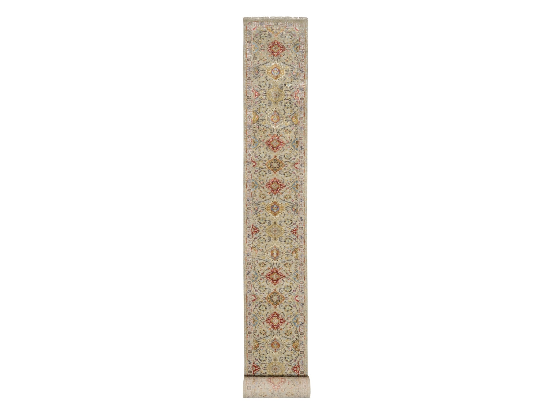 Transitional hand-knotted wool/silk runner in Beige, 2'7" x 26'0", SKU O090823