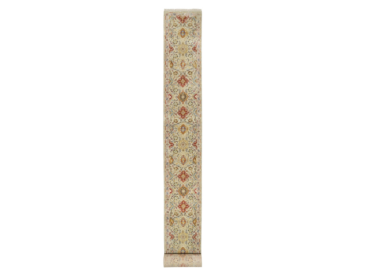 Transitional hand-knotted wool/silk runner in Beige, 2'6" x 24'1", SKU O090825