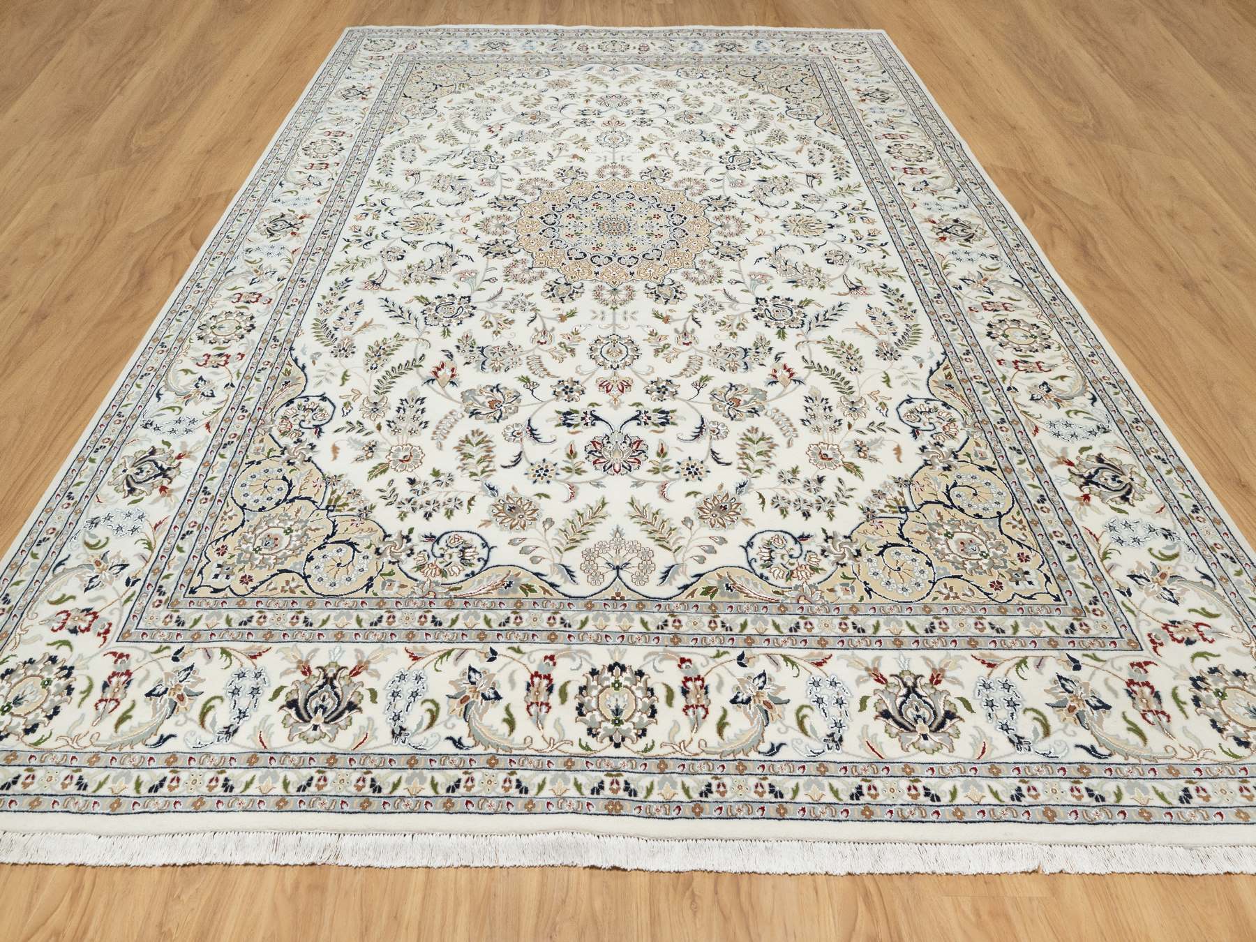 Nain Traditional hand-knotted wool/silk rug in Ivory, 9'9" x 13'9", SKU O090871