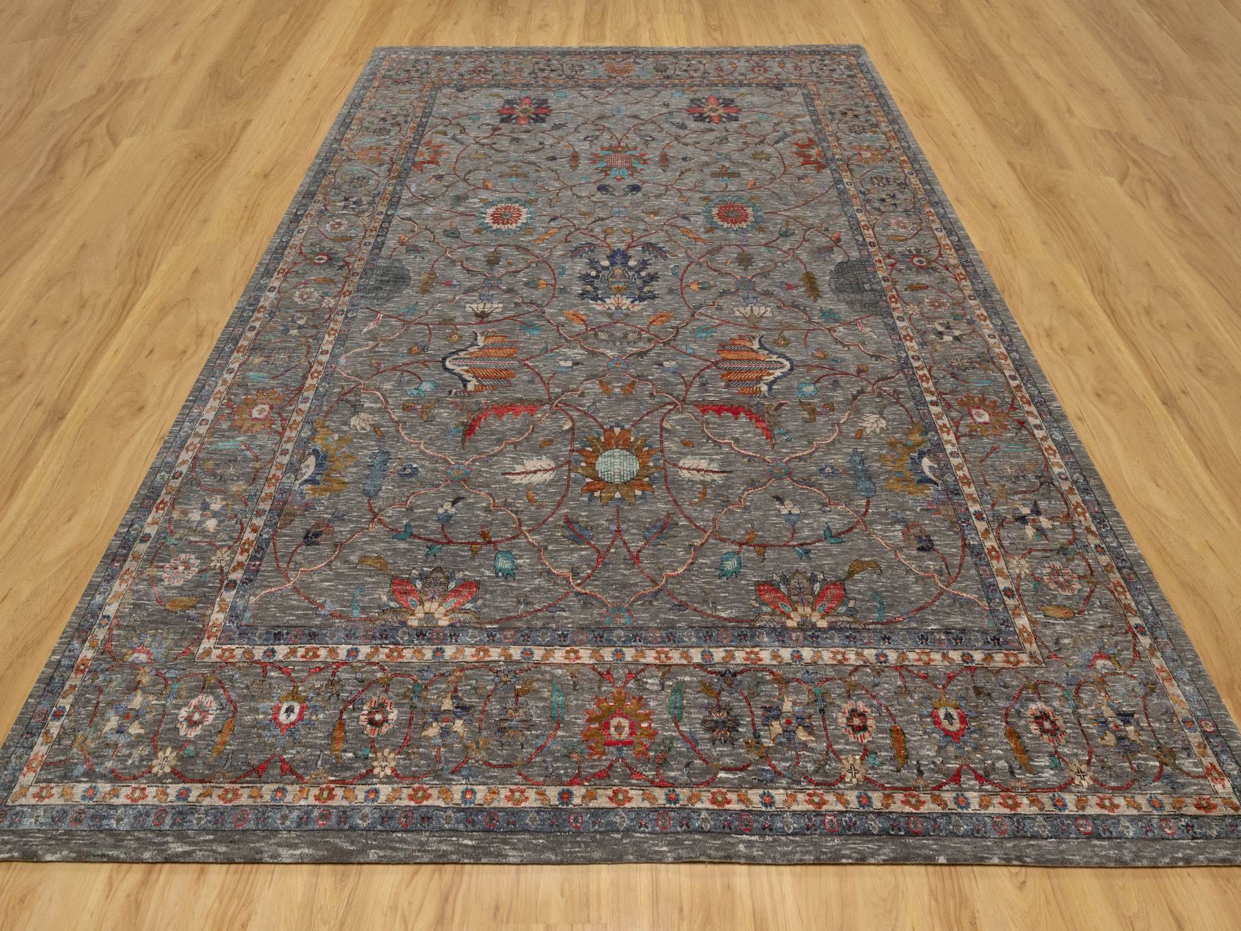 Transitional hand-knotted wool/silk rug in Gray, 8'11" x 12'1", SKU O090941