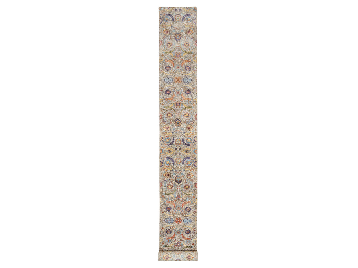 Transitional hand-knotted wool/silk runner in Ivory, 2'7" x 23'10", SKU O090943