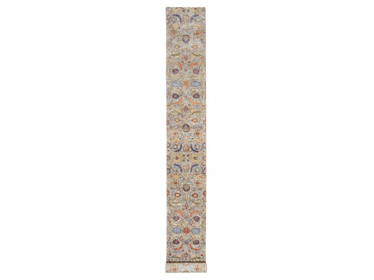 Ivory 2'7" x 23'10" Transitional Hand knotted Wool/Silk Rug - Sku: O090943